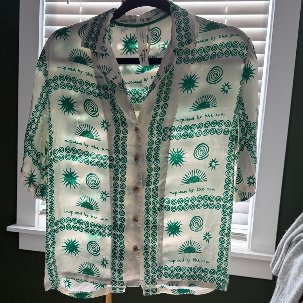 Anthropologie White and Green Graphic Shirt